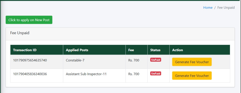 Applied Posts Fee Challan Generate Fee Voucher